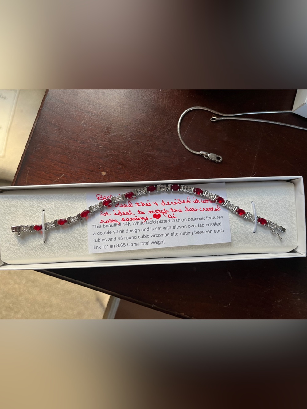14K White Gold Plated Red Ruby & Cubic Zirconia Bracelet